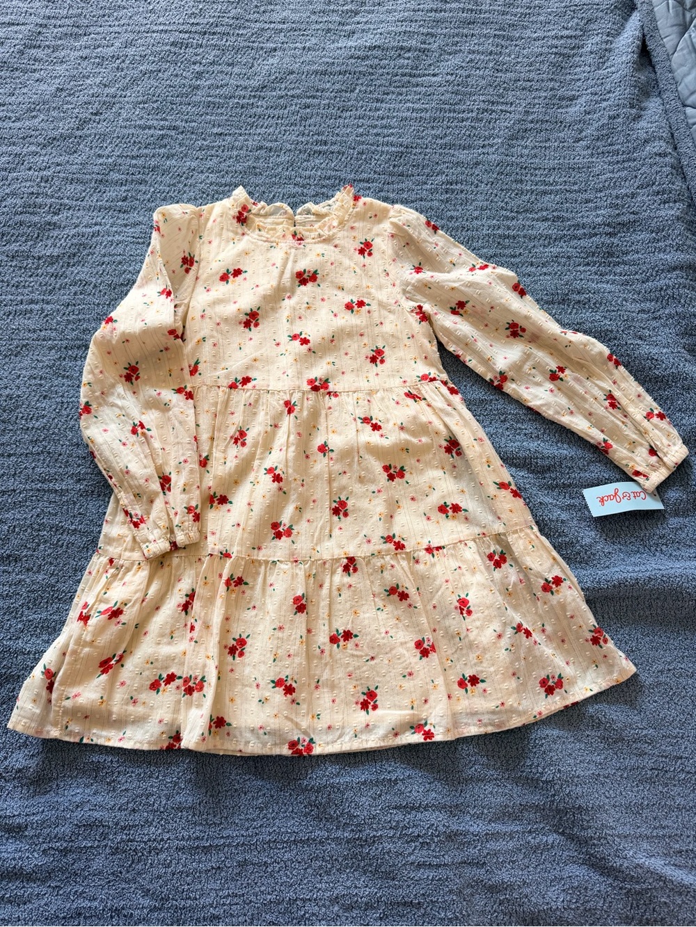 Cat & Jack Cream Long-Sleeve Floral Tiered Dress with Red Flowers